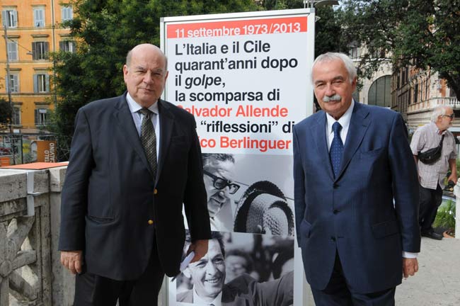 José Miguel Insulza, Segretario generale OSA, e Ugo Sposetti, Presidente Associazione E. Berlinguer, all'ingresso dell'evento.
