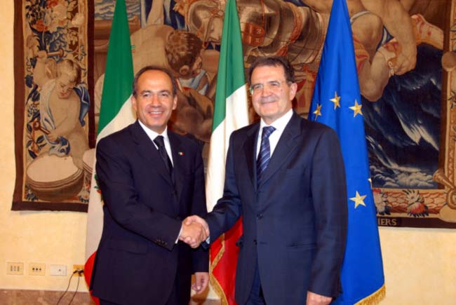 Visita del Presidente del Messico in Italia. Il Presidente del Consiglio Prodi riceve il Presidente Calderon. Roma, giugno 2007.